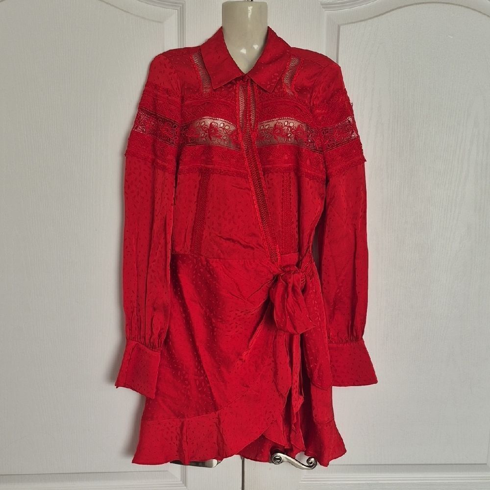 Self-Portrait Vibrant Red Trimmed Lace Wrapped Fabric Midi Dress